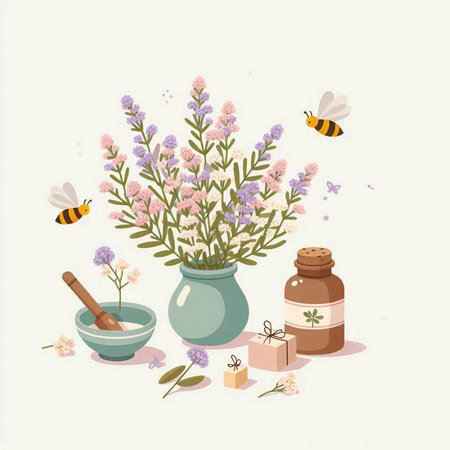 Illustration of a set of essential oils, honey and flowers.のイラスト素材