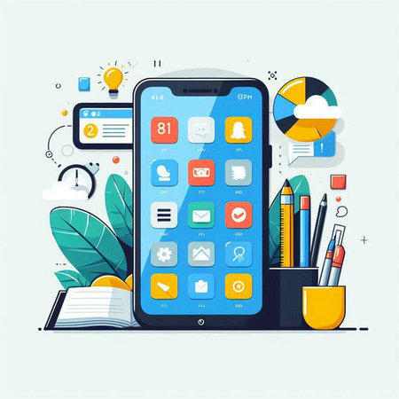 Modern flat design vector illustration concept of online education, e-learning, distance learning, e-learning. Smartphone with mobile application icons.のイラスト素材