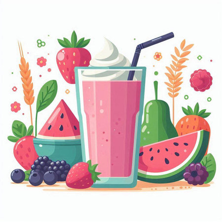 Fruit smoothie in a glass with strawberries, blackberries, blueberries, watermelon and pear. Vector illustration.のイラスト素材