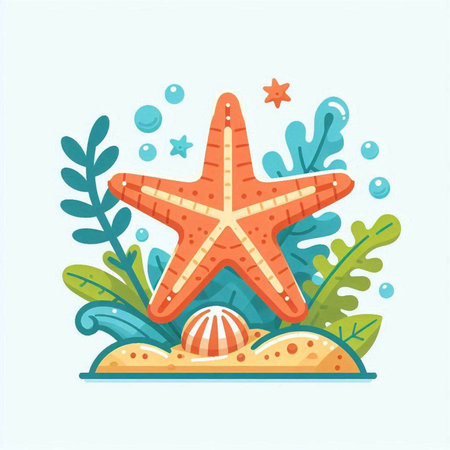 Starfish on the beach. Vector illustration in flat cartoon style.のイラスト素材