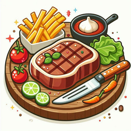Steak with french fries and vegetables on a wooden board. Vector illustration.のイラスト素材