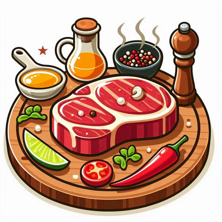 Steak and ingredients for cooking on a wooden board. Vector illustration.のイラスト素材