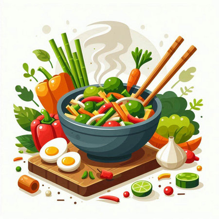 Vegetable salad in bowl with chopsticks and ingredients. Vector illustration.のイラスト素材