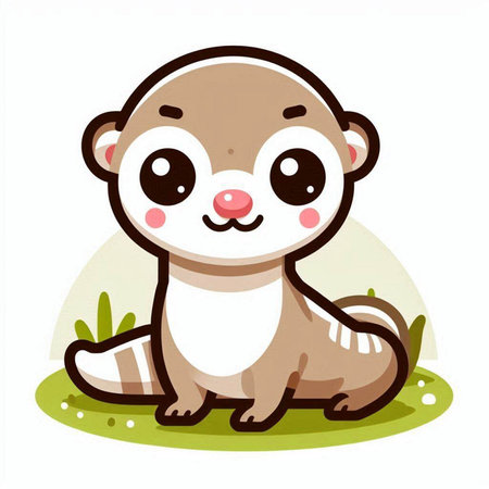 Cute little baby otter sitting on the grass. Vector illustration.のイラスト素材