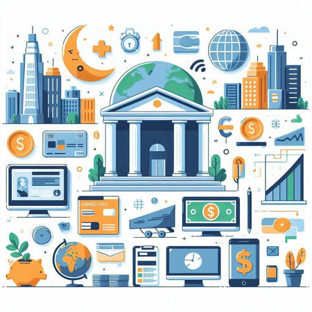 Flat design modern vector illustration concept of online banking, e-commerce, money transfer, online shopping, mobile payments, internet banking, financial services.のイラスト素材