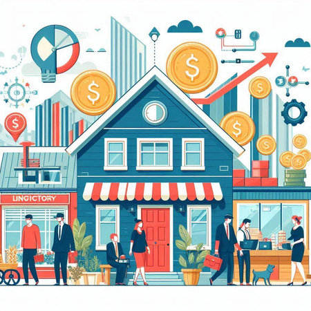 Business people working in front of bank building. Vector flat illustration.のイラスト素材