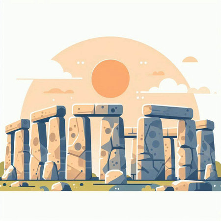 Stonehenge stone monument at sunset with sun. Vector illustration.のイラスト素材