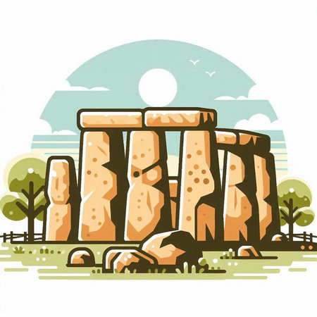 Stonehenge, engraving style. Vector illustration on white background.のイラスト素材