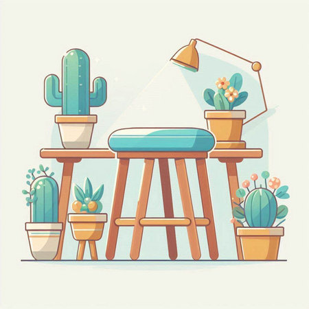 Illustration of cactuses in pots on table. Vector illustrationのイラスト素材