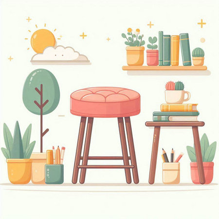 Furniture and interior elements in cartoon style. Vector illustration.のイラスト素材