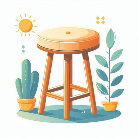 Wooden stool and cactus. Vector illustration in cartoon style.のイラスト素材