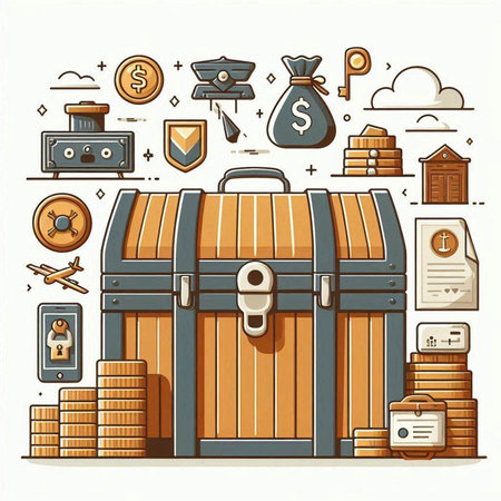 Vector illustration of old wooden chest with money, coins, banknotes, credit card, safe, banknote, key, lock, key, key, keyhole, keyhole, key, keyhole, dollar sign.のイラスト素材