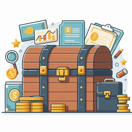 Treasure chest with money and business icons. Vector illustration in cartoon styleのイラスト素材