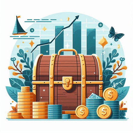 Treasure chest with coins and charts. Flat vector illustration on white background.のイラスト素材