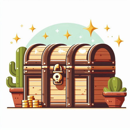 Treasure chest with gold coins and cactus. Vector illustration.のイラスト素材