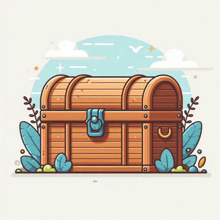 Wooden chest on the background of the landscape. Vector illustration.のイラスト素材