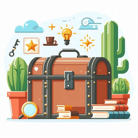 Treasure chest, books, lamp and cactus. Flat style vector illustration.のイラスト素材