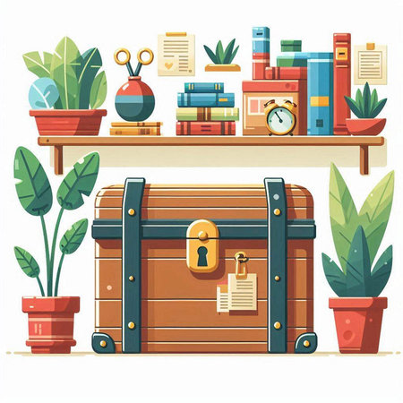 Treasure chest with books and plants. Vector illustration in flat styleのイラスト素材