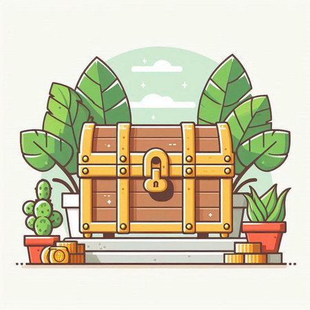 Vector illustration of a chest with a lock on the background of nature.のイラスト素材
