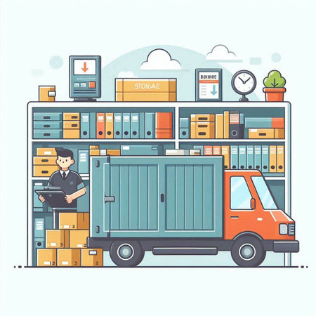 Warehouse and delivery service. Vector illustration in flat design style.のイラスト素材