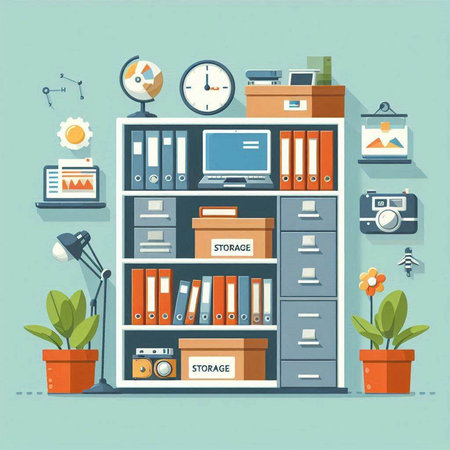 Flat design office interior. Vector illustration. Bookshelf with different objects.のイラスト素材