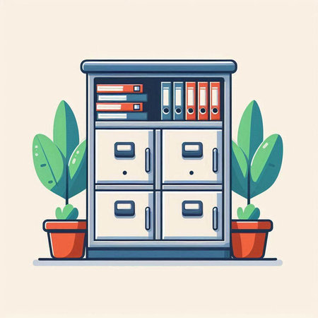 Office cabinet with folders and plants. Vector illustration in flat style.のイラスト素材