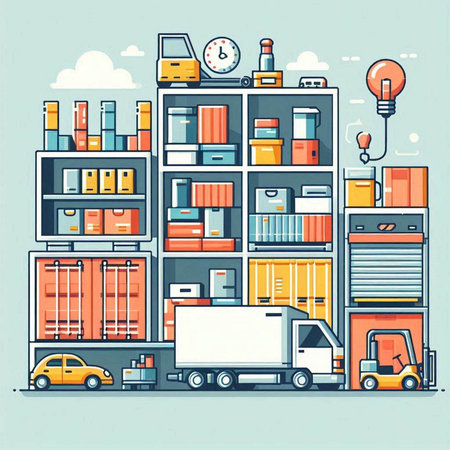 Logistics and transportation of goods in the warehouse. Flat vector illustration.のイラスト素材