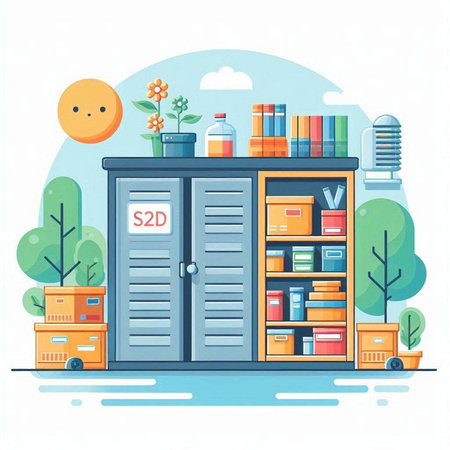 Bookcase with books and folders. Vector illustration in flat style.のイラスト素材