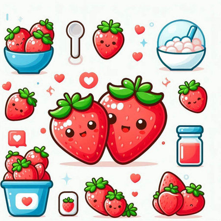 Strawberry cartoon icon set. Vector illustration of cute cartoon strawberry.のイラスト素材
