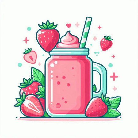 Strawberry smoothie in a mason jar. Hand drawn vector illustration.のイラスト素材