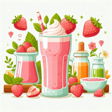 Strawberry smoothie in a glass and ingredients. Vector illustration.のイラスト素材