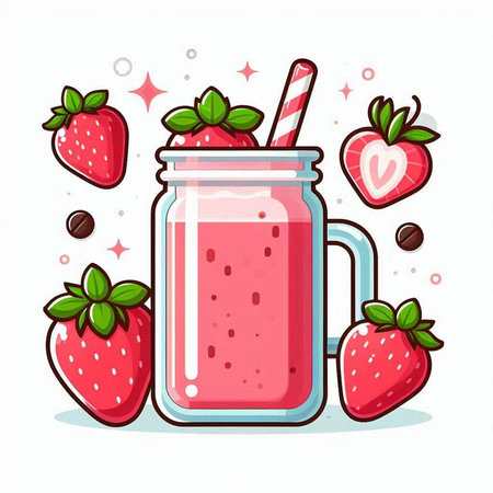 Strawberry smoothie in a glass jar. Vector illustration.のイラスト素材