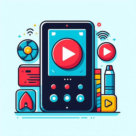 Smartphone with media player and multimedia icons. Vector illustration in line art style.のイラスト素材