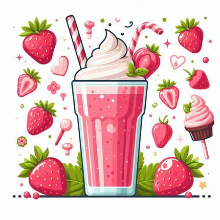 Strawberry milkshake with whipped cream and ice cream. Vector illustration.のイラスト素材