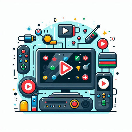 Modern flat design vector illustration concept of online entertainment. Video player, video player, headphones, remote control, speaker and other devices.のイラスト素材