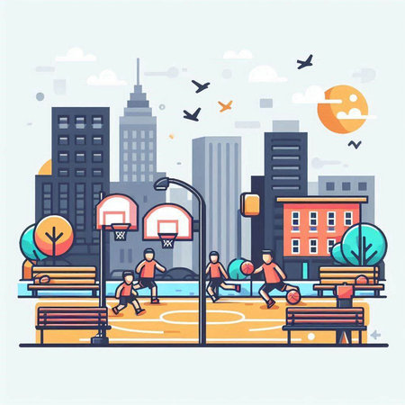 City landscape with people on the street. Flat style vector illustration.のイラスト素材