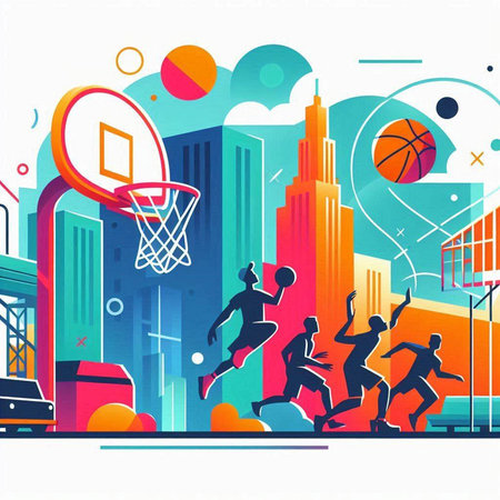 Basketball players in the city. Abstract background. Vector illustration.のイラスト素材