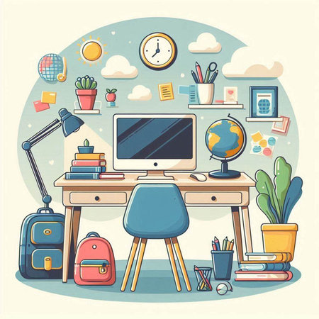Working space with computer, books and accessories. Vector illustration in flat styleのイラスト素材