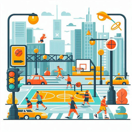 Basketball court on city street vector illustration. Street basketball court with people, traffic lights and cars.のイラスト素材