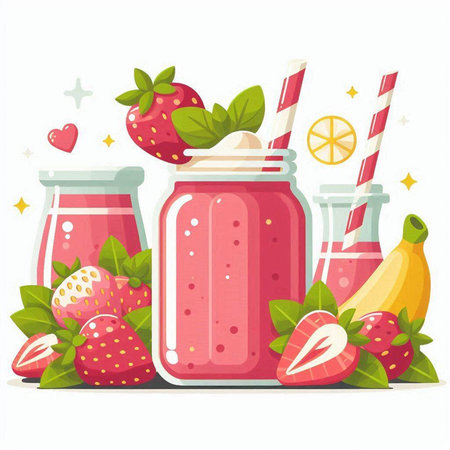 Strawberry smoothies in glass jars with straws. Vector illustration.のイラスト素材