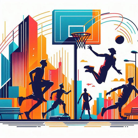 Group of people playing basketball in the city. Conceptual vector illustration.のイラスト素材