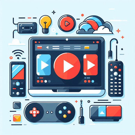 Video game concept. Modern flat design vector illustration. Video player, video player, console, joystick, headphones and other elements.のイラスト素材