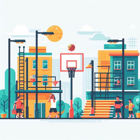 Children playing basketball on the street. Vector illustration in flat style.のイラスト素材