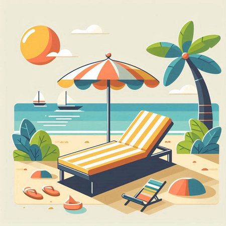 Beach chair with umbrella and sun lounger. Vector illustrationのイラスト素材