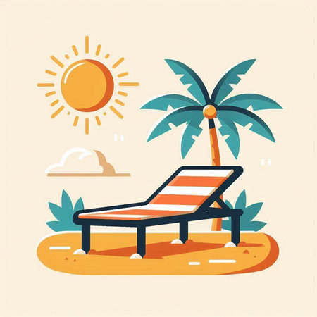 Beach chair and palm tree. Vector illustration in flat style.のイラスト素材