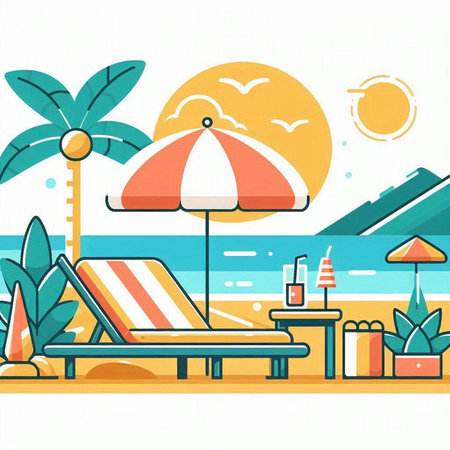 Vector illustration of a summer beach with sun lounger, palm trees, umbrellas, chaise-lounges and cocktails.のイラスト素材