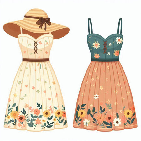 Vector illustration of two summer dresses with floral patterns and a straw hatのイラスト素材