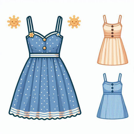 Set of cute blue dresses. Vector illustration in a flat style.のイラスト素材