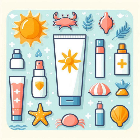 Vector illustration with sunscreen, sunblock, sea shell, starfish, seashells and other summer elements.のイラスト素材