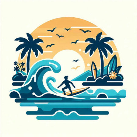 Surfer on the waves. Vector illustration in a flat style.のイラスト素材